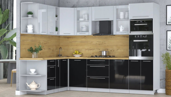 Изображение товара Кухонный гарнитур Интерлиния Мила Пластик 1.88x2.8 LV (туманный глянец/черный глянец/дуб бунратти)