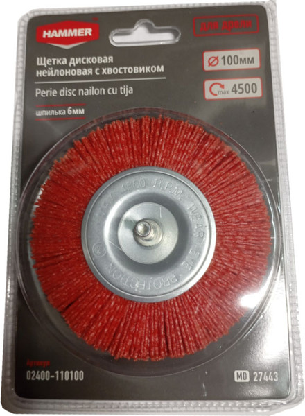 Изображение товара Щетка для электроинструмента Hammer Дисковая нейлоновая 100мм / 02400-110100 (с хвостовиком)