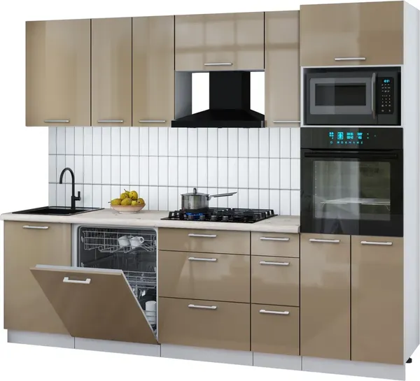 Изображение товара Кухонный гарнитур Interline Мила Gloss 2.6-ПМ1 (капучино глянец/капучино глянец/бискайская сосна)