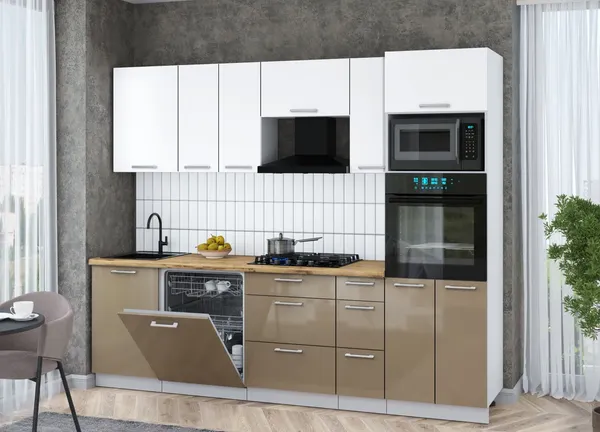 Изображение товара Кухонный гарнитур Interline Мила Gloss 2.6-ПМ1 (капучино глянец/белый/дуб бунратти)