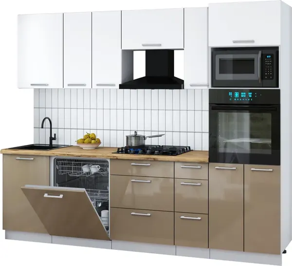 Изображение товара Кухонный гарнитур Interline Мила Gloss 2.6-ПМ1 (капучино глянец/белый/дуб бунратти)