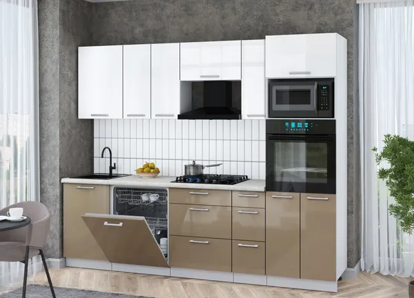 Изображение товара Кухонный гарнитур Interline Мила Gloss 2.6-ПМ1 (капучино глянец/белый глянец/опал светлый)
