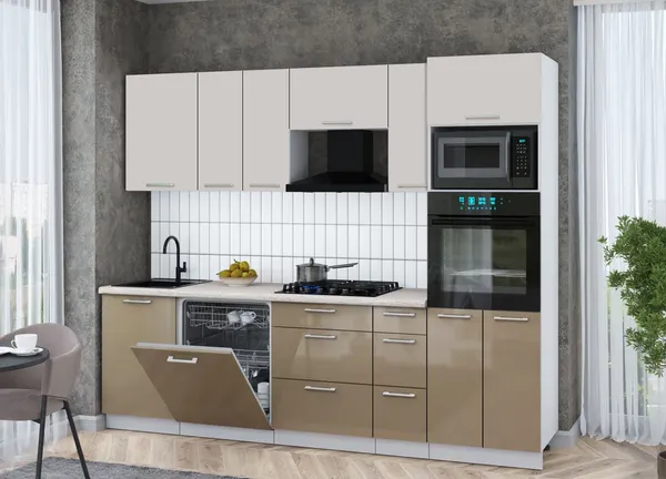 Изображение товара Кухонный гарнитур Interline Мила Gloss 2.6-ПМ1 (капучино глянец/кашемир/травертин серый)