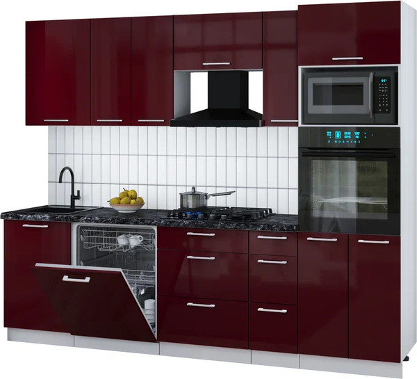 Изображение товара Кухонный гарнитур Interline Мила Gloss 2.6-ПМ1 (бордовый глянец/бордовый глянец/кастилло темный)