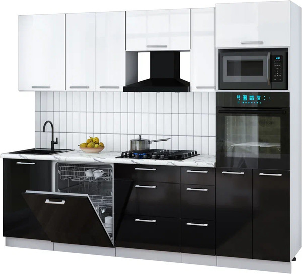 Изображение товара Кухонный гарнитур Interline Мила Gloss 2.6-ПМ1 (черный глянец/белый глянец/белый гранит)