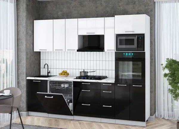 Изображение товара Кухонный гарнитур Interline Мила Gloss 2.6-ПМ1 (черный глянец/белый глянец/белый гранит)
