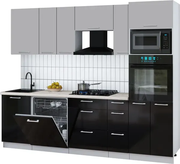 Изображение товара Кухонный гарнитур Interline Мила Gloss 2.6-ПМ1 (черный глянец/грей/бискайская сосна)