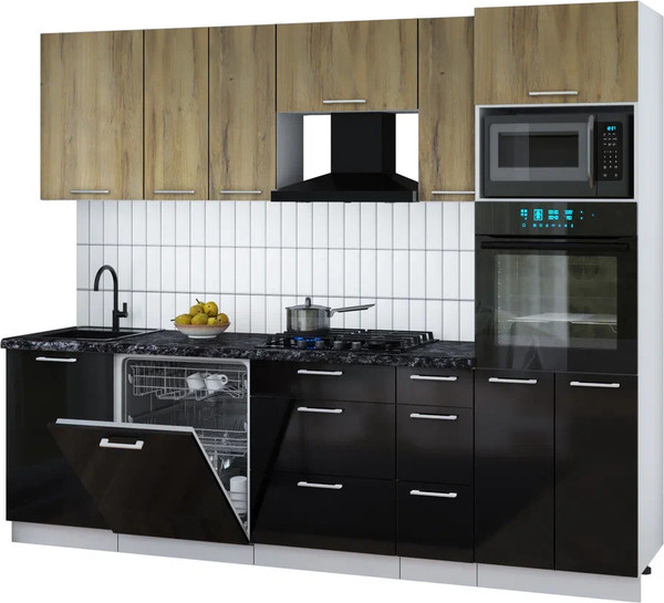Изображение товара Кухонный гарнитур Interline Мила Gloss 2.6-ПМ1 (черный глянец/дуб вотан/кастилло темный)