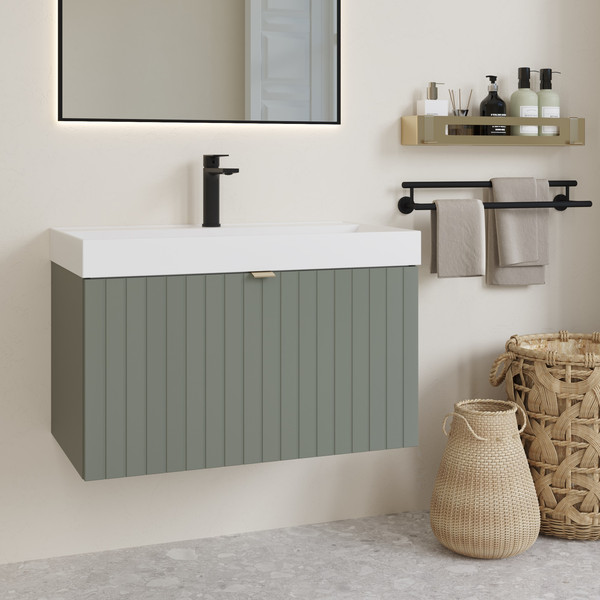 Изображение товара Тумба с умывальником Lauter Melisa 80 (серо-зеленый п/мат/искусственный мрамор, три ручки в комплекте)