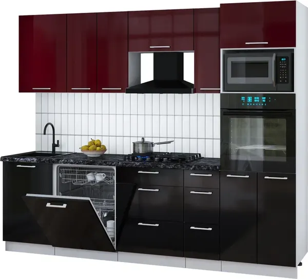 Изображение товара Кухонный гарнитур Interline Мила Gloss 2.6-ПМ1 (черный глянец/бордовый глянец/кастилло темный)