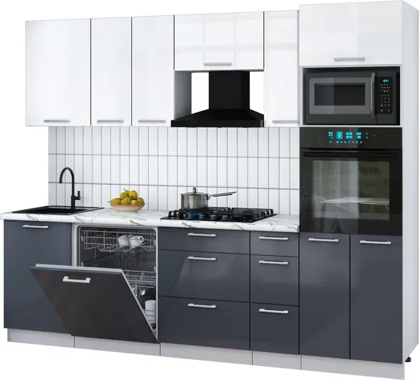 Изображение товара Кухонный гарнитур Interline Мила Gloss 2.6-ПМ1 (асфальт глянец/белый глянец/белый гранит)