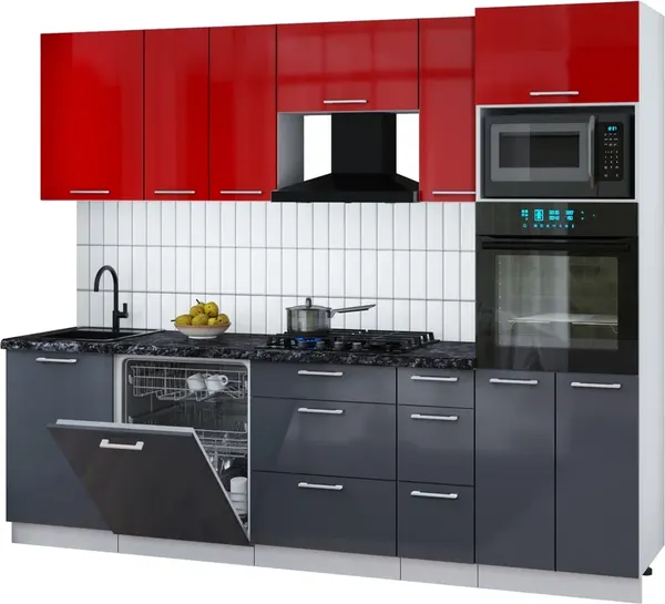Изображение товара Кухонный гарнитур Interline Мила Gloss 2.6-ПМ1 (асфальт глянец/красный глянец/кастилло темный)