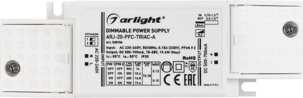 Изображение товара Блок питания для светильника Arlight ARJ-20-PFC-TRIAC-A 20W 500-700mA / 028186