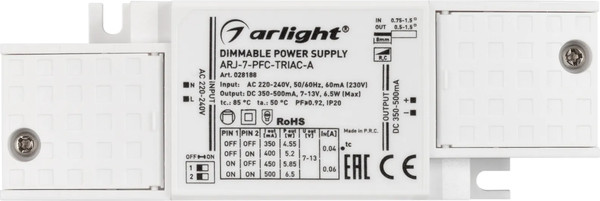 Изображение товара Блок питания для светильника Arlight ARJ-7-PFC-TRIAC-A 7W 350-500mA / 028188
