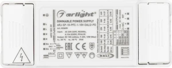 Изображение товара Блок питания для светильника Arlight ARJ-SP-10-PFC-1-10V-DALI2-PD 10W 100-440mA / 033690