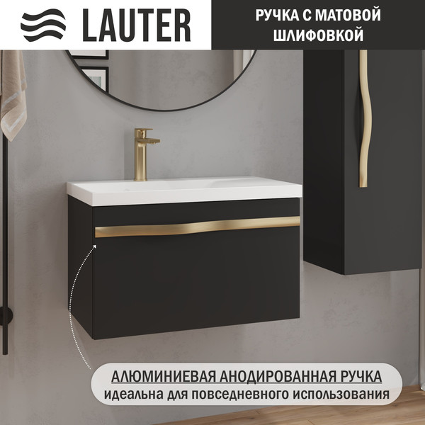 Изображение товара Тумба с умывальником Lauter Eva 69 (черный матовый/матовая золотая сталь/искусственный мрамор)