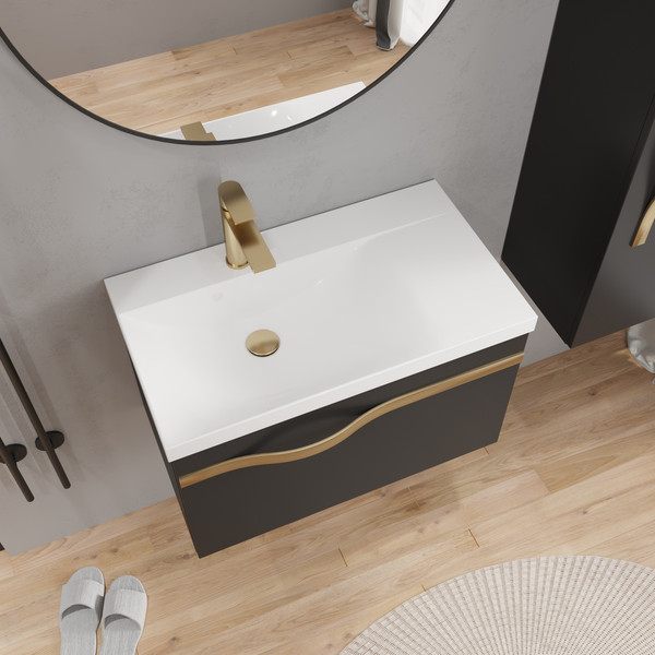Изображение товара Тумба с умывальником Lauter Eva 69 (черный матовый/матовая золотая сталь/искусственный мрамор)