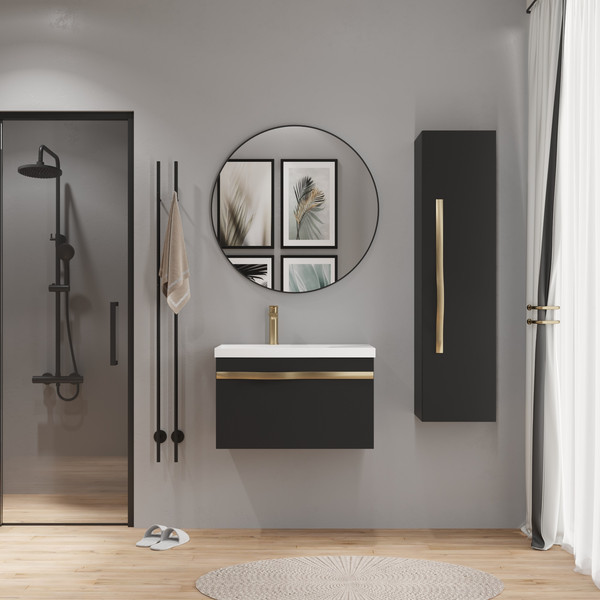 Изображение товара Тумба с умывальником Lauter Eva 69 (черный матовый/матовая золотая сталь/искусственный мрамор)