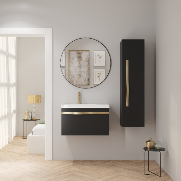 Изображение товара Тумба с умывальником Lauter Eva 69 (черный матовый/матовая золотая сталь/искусственный мрамор)