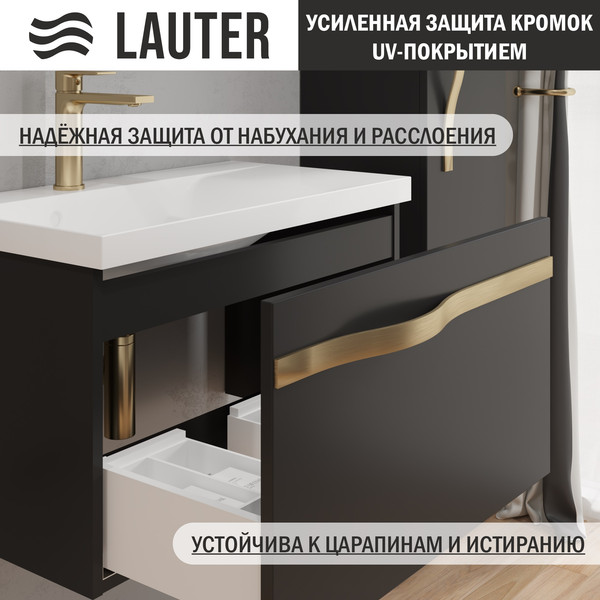 Изображение товара Тумба с умывальником Lauter Eva 69 (черный матовый/матовая золотая сталь/искусственный мрамор)