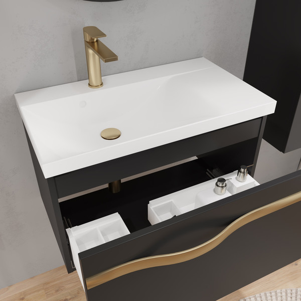 Изображение товара Тумба с умывальником Lauter Eva 69 (черный матовый/матовая золотая сталь/искусственный мрамор)
