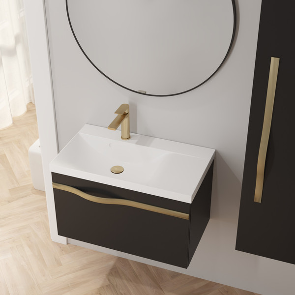 Изображение товара Тумба с умывальником Lauter Eva 69 (черный матовый/матовая золотая сталь/искусственный мрамор)