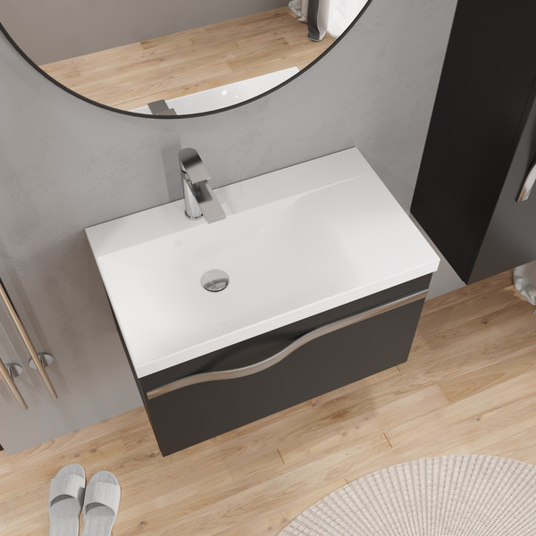 Изображение товара Тумба с умывальником Lauter Eva 69 (черный матовый/матовая сталь/искусственный мрамор)