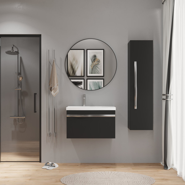 Изображение товара Тумба с умывальником Lauter Eva 69 (черный матовый/матовая сталь/искусственный мрамор)