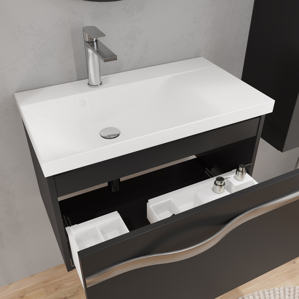 Изображение товара Тумба с умывальником Lauter Eva 69 (черный матовый/матовая сталь/искусственный мрамор)