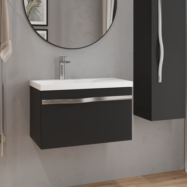 Изображение товара Тумба с умывальником Lauter Eva 69 (черный матовый/матовая сталь/искусственный мрамор)