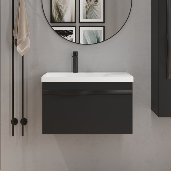 Изображение товара Тумба с умывальником Lauter Eva 69 (черный матовый/матовая черная сталь/искусственный мрамор)