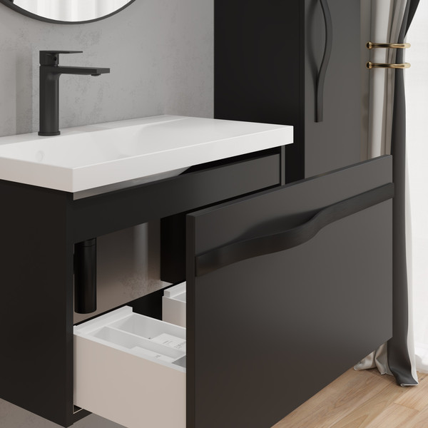 Изображение товара Тумба с умывальником Lauter Eva 69 (черный матовый/матовая черная сталь/искусственный мрамор)