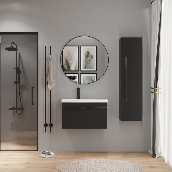 Изображение товара Тумба с умывальником Lauter Eva 69 (черный матовый/матовая черная сталь/искусственный мрамор)