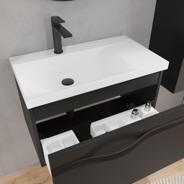 Изображение товара Тумба с умывальником Lauter Eva 69 (черный матовый/матовая черная сталь/искусственный мрамор)
