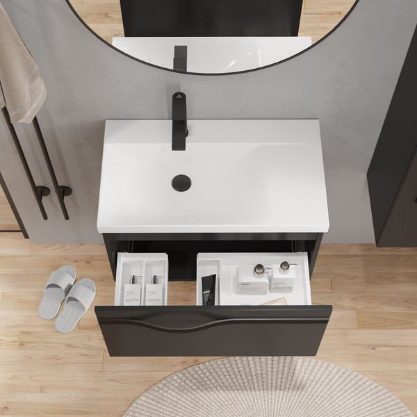 Изображение товара Тумба с умывальником Lauter Eva 69 (черный матовый/матовая черная сталь/искусственный мрамор)