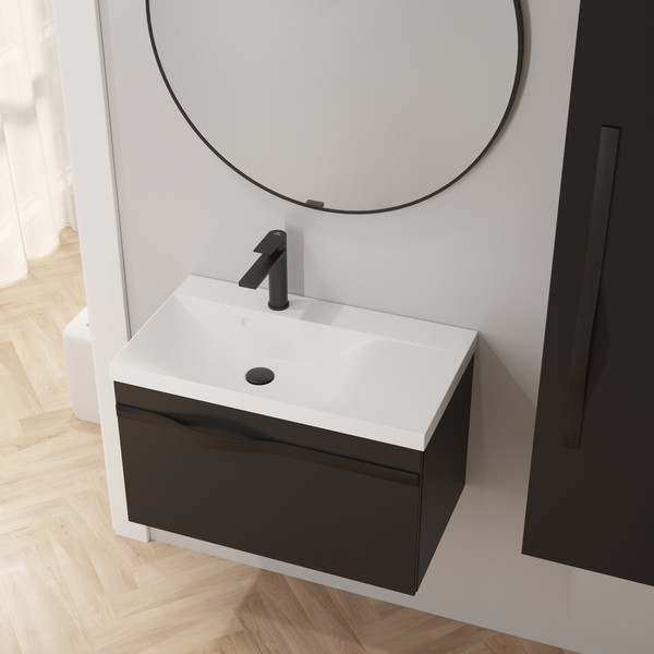 Изображение товара Тумба с умывальником Lauter Eva 69 (черный матовый/матовая черная сталь/искусственный мрамор)