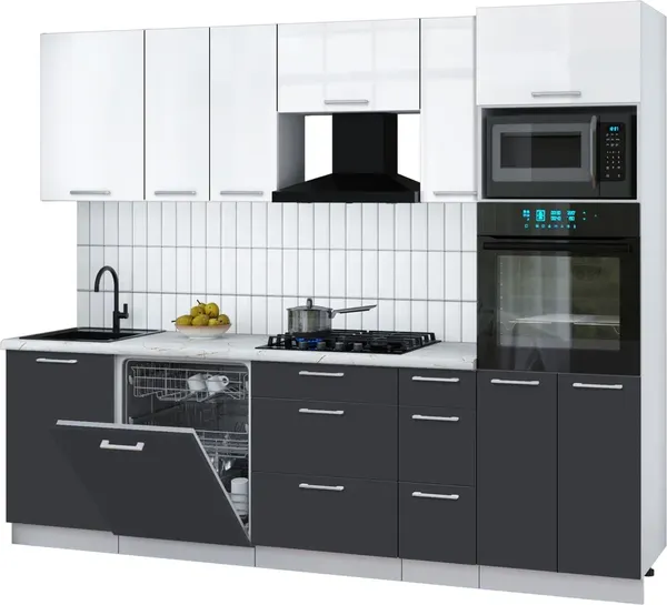 Изображение товара Кухонный гарнитур Interline Мила Gloss 2.6-ПМ1 (пепел/белый глянец/серый каспий)