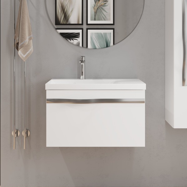 Изображение товара Тумба с умывальником Lauter Eva 69 (белый глянец/матовая сталь/искусственный мрамор)