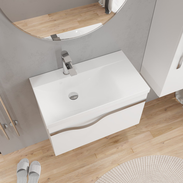 Изображение товара Тумба с умывальником Lauter Eva 69 (белый глянец/матовая сталь/искусственный мрамор)