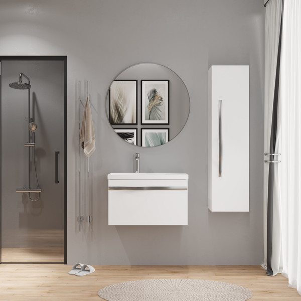 Изображение товара Тумба с умывальником Lauter Eva 69 (белый глянец/матовая сталь/искусственный мрамор)