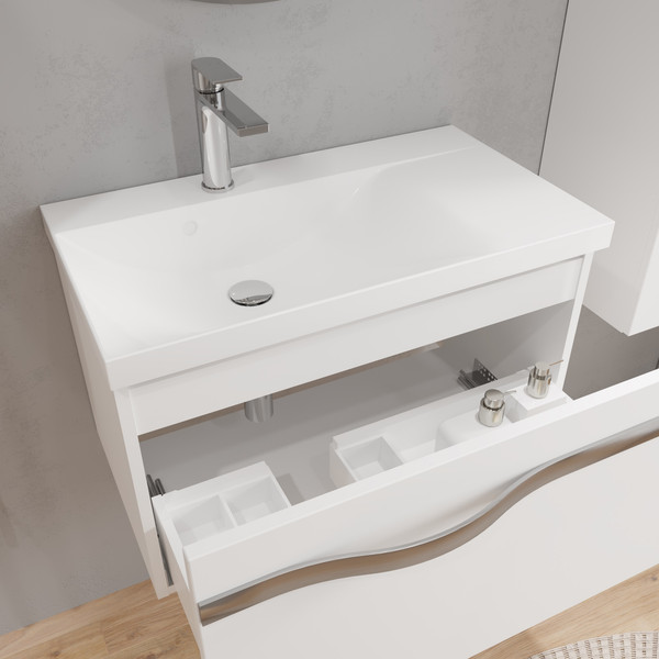 Изображение товара Тумба с умывальником Lauter Eva 69 (белый глянец/матовая сталь/искусственный мрамор)