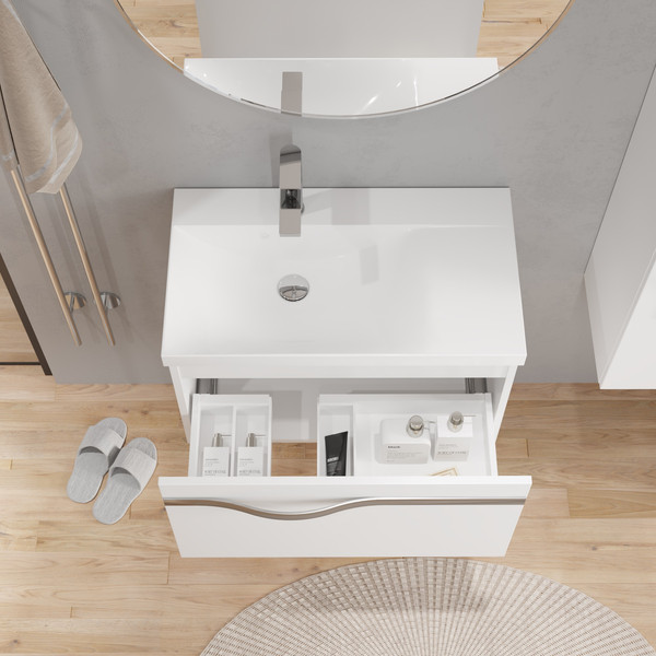 Изображение товара Тумба с умывальником Lauter Eva 69 (белый глянец/матовая сталь/искусственный мрамор)