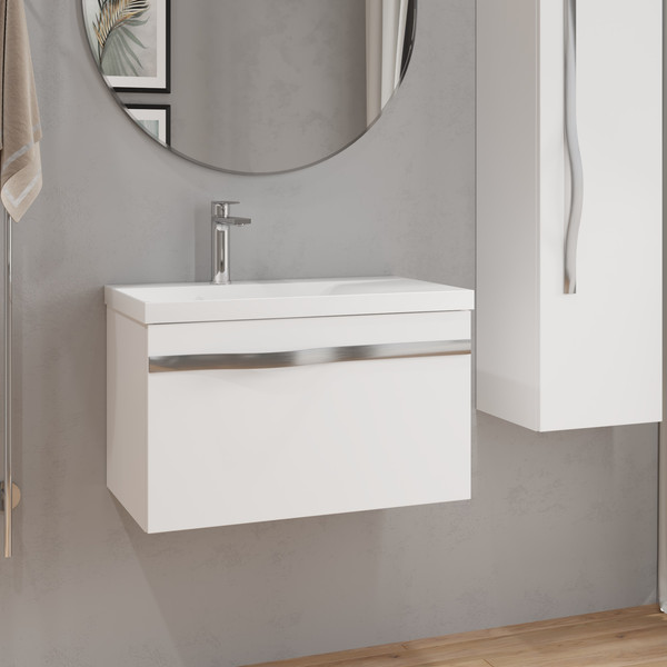 Изображение товара Тумба с умывальником Lauter Eva 69 (белый глянец/матовая сталь/искусственный мрамор)