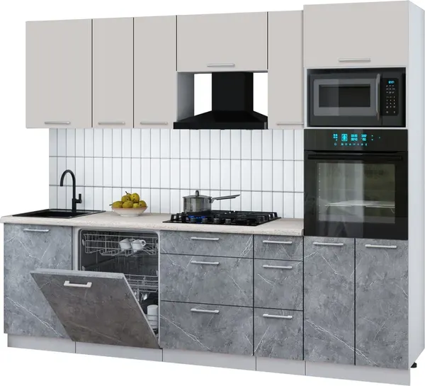 Изображение товара Кухонный гарнитур Interline Мила Gloss 2.6-ПМ1 (керамика/кашемир/травертин серый)