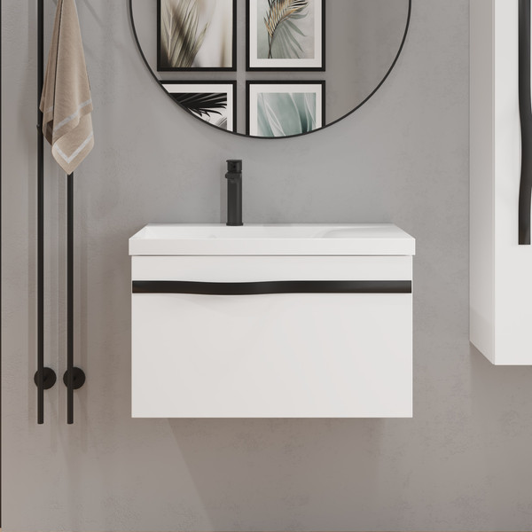 Изображение товара Тумба с умывальником Lauter Eva 69 (белый глянец/матовая черная сталь/искусственный мрамор)