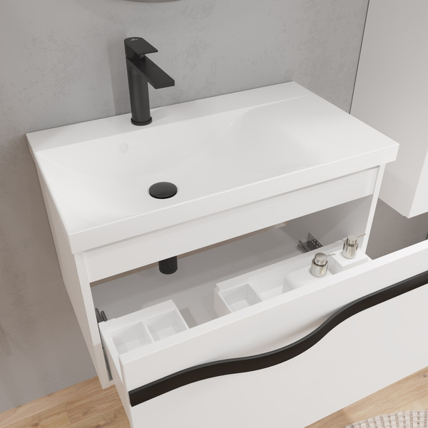 Изображение товара Тумба с умывальником Lauter Eva 69 (белый глянец/матовая черная сталь/искусственный мрамор)