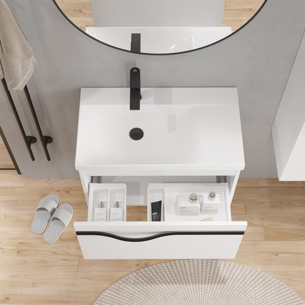 Изображение товара Тумба с умывальником Lauter Eva 69 (белый глянец/матовая черная сталь/искусственный мрамор)
