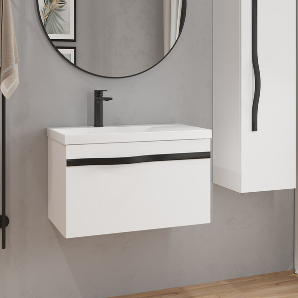 Изображение товара Тумба с умывальником Lauter Eva 69 (белый глянец/матовая черная сталь/искусственный мрамор)