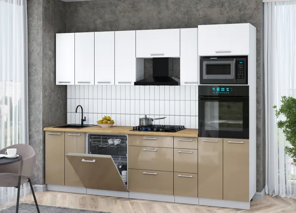 Изображение товара Кухонный гарнитур Interline Мила Gloss 2.7-ПМ1 (капучино глянец/белый/дуб бунратти)