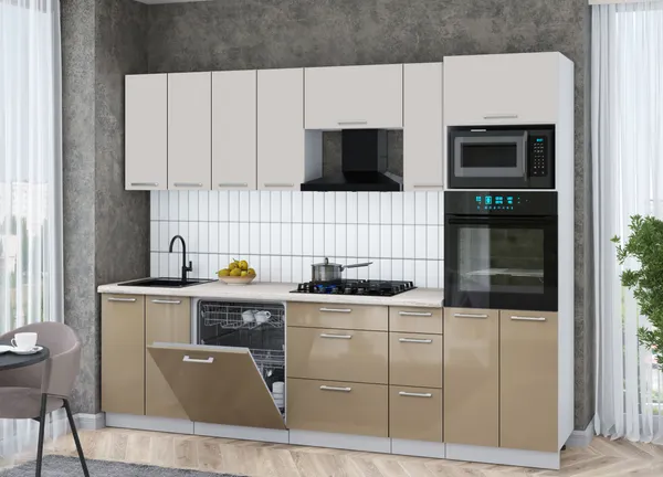 Изображение товара Кухонный гарнитур Interline Мила Gloss 2.7-ПМ1 (капучино глянец/кашемир/травертин серый)